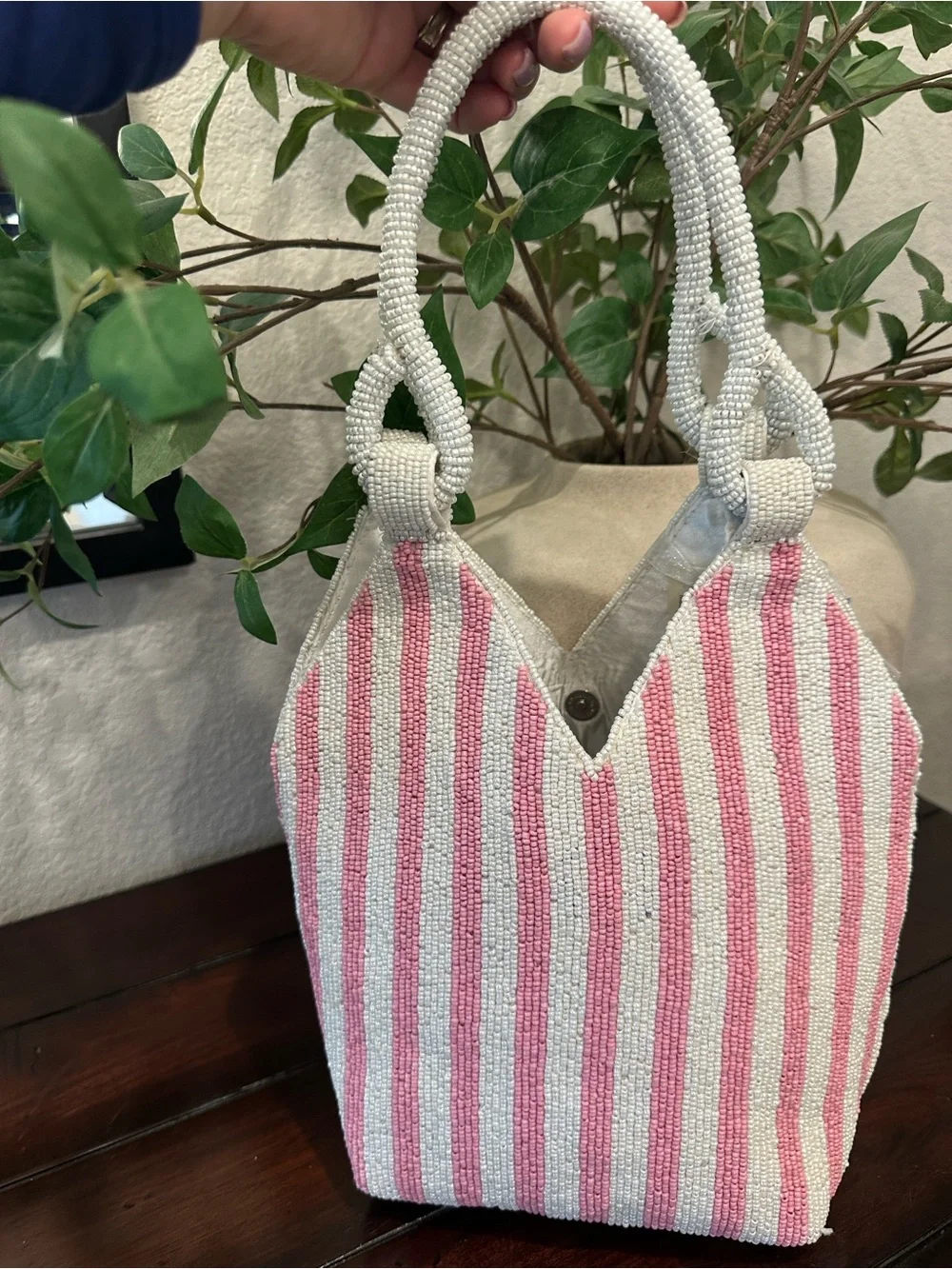 Handcrafted Pink & White Beaded Cocktail Tote -